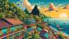 Erstelle eine Comic-artige Darstellung der Insel Saint Lucia. Füge charakteristische lokale Architektur mit ihren hellen farbigen Wänden und hölzernen Balkonen hinzu. Stelle üppige Landschaften dar, die mit tropischen Bäumen und markanten grünen Bergen, bekannt als die Pitons, gefüllt sind, die aus dem Meer aufragen. Füge eine lebhafte Marktszene hinzu, auf der Händler lokale Produkte und traditionelle Handwerkskunst verkaufen. Schließlich füge die atemberaubende Aussicht auf einen goldenen Sonnenuntergang über das Karibische Meer hinzu, was auf dieser wunderschönen Insel ein Anblick ist, den man gesehen haben muss.
