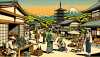 日本の伝統的な漫画風のシーンを描いてください。職人が働く典型的な地元の建築物を強調し、青々とした風景が静かな美しさの背景を作り出し、塔や鳥居などの象徴的な名所を取り上げます。さまざまな性別や出自の人々でシーンを埋め尽くします。たとえば、地図を持った中東出身の女性観光客、風景をスケッチする白人男性アーティスト、地元の美味しいものを売る南アジア出身の女性の露店主、剣道を練習する黒人男性住民などです。
