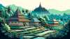 Ilustrasikan gambar dalam gaya komik, menampilkan pemandangan indah Indonesia. Mohon sertakan rumah-rumah adat yang khas yang dikenal sebagai 'Rumah Adat' yang dicat dengan pola rumit dan dihiasi dengan atap tinggi yang curam. Jangan lupa untuk menyoroti landmark ikonik seperti Candi Borobudur, candi Buddha terbesar di dunia, dikelilingi oleh hutan tropis yang lebat. Juga, sertakan pemandangan sawah terasering yang tenang, bagian khas dari lanskap Indonesia.
