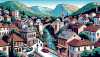 Bosna i Hercegovina u strip stilu. Prikazati tipične lokalne kuće, krajolike i znamenitosti. Uključite popločane ulice, kuće u osmanskom stilu, prostrane zelene planine i ikonične mostove poput Starog mosta u Mostaru, ali nemojte da izgleda potpuno isto kako biste poštovali autorska prava.