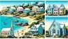 An image in the comic-style featuring typical local houses, landscapes, and landmarks of Bermuda. The houses should have the iconic hipped roofs and painted in pastel colors. The landscapes can depict the soft sandy beaches with turquoise waters, and lush greenery. As for landmarks, include a depiction of the St. Peter's Church, yet alternate its view to avoid any religious context. Include some people enjoying their time with the serene surroundings.