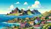 Erstelle eine Comic-artige Darstellung von Saint Helena, Ascension und Tristan da Cunha. Stelle charakteristische lokale Häuser, Landschaften und Sehenswürdigkeiten dar. Betone in den Ansichten die felsigen Klippen der Inseln, üppige Vegetation und malerische architektonische Stile. Der Himmel sollte ein lebhaftes Blau mit flauschigen weißen Wolken sein und das Meer um die Inseln herum sollte im Sonnenlicht schimmern.