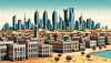 أنشئ صورة بأسلوب القصص المصورة تصوّر المنازل المحلية النموذجية والمناظر الطبيعية والمعالم البارزة في دولة قطر. تأكد من تضمين الهندسة المعمارية المميزة والمناظر الصحراوية الشاسعة والمباني الحديثة الشاهقة.