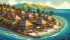 Erstellen Sie ein Bild im Comic-Stil, das typische lokale Häuser, Landschaften und Wahrzeichen in Fidschi zeigt. Enthalten Sie charakteristische strohgedeckte  Bure -Gebäude, üppiges Grün und idyllische Strandlandschaften, die in diesem pazifischen Inselstaat üblich sind.
