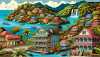 Illustration of the exotic island of Dominica in a comic style. Display typical local houses with vibrant colors, intricate wooden balconies, and verdant tropical gardens. The scenery showcases the dense rainforest, rugged mountains, and azure Caribbean Sea. Prominent landmarks include the Boiling Lake -- a large, bubbling hot lake nestled in the heart of the Morne Trois Pitons National Park, and the Trafalgar Falls -- majestic twin waterfalls cascading down a cliff-side. Finally, add the bustling Roseau Market with merchants and customers going about their business.
