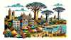 Une image de style bande dessinée mettant en valeur le Sénégal. Illustrer l'architecture locale typique, de beaux paysages et des sites remarquables. Laissez la couleur et la vitalité de la culture sénégalaise être représentées dans l'image. Incluez une variété de marchés animés, de huttes traditionnelles et d'imposants baobabs qui font partie intégrante du pays. Pour les sites remarquables, incluez l'île de Gorée connue pour son importance historique. Évitez les personnes pour maintenir la diversité et l'inclusivité.