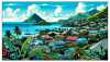 Generiere ein Comic-Bild, das die Landschaften, ikonischen lokalen Häuser und Touristenattraktionen von Saint Kitts und Nevis darstellt. Konzentriere dich auf Elemente wie üppige, tropische Pflanzen, das lebendige blaue Meer und die charakteristische karibische Architektur.