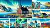 Billede demonstration af Grønland afbildet i en tegneseriestil. Vis typiske lokale huse, landskaber og turistattraktioner. Højdepunkter kan omfatte farverige træhuse mod baggrunden af bjerge og gletsjere, de spektakulære nordlys, der oplyser himlen, og berømte vartegn som de historiske Hvalsey Kirkeruiner. Inkluder livlige elementer forbundet med tegneseriekunst som overdrevne træk og lyse, dristige farveskemaer.