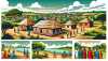 An image in comic style illustrating typical local houses, landscapes and landmarks of The Gambia. Depict clay homes with thatched roofs, lush green forests, and the famous Gambia River. Illustrate people in vibrant traditional clothing going about their everyday tasks. The skyline should be bright and the atmosphere should portray the peace and simplicity of rural Gambia.