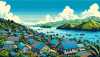Generate an image showcasing the Solomon Islands in comic-style art. It should feature typical local houses, lush landscapes, and landmarks unique to the region. Capture the essence of the island's natural beauty and cultural heritage in a stylized and vibrant manner.