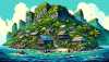 Erstellen Sie eine Comic-Szene der Pitcairn-Inseln. Die Zeichnung sollte charakteristische lokale Häuser aus Holz und Stein, lebendige Insel-Landschaften mit dichter grüner Vegetation, schroffe Klippen und türkisfarbenes Wasser zeigen. Fügen Sie auch bemerkenswerte Sehenswürdigkeiten wie das Postamt und die Bounty Bay hinzu. Stellen Sie sicher, dass Sie das tropische Sonnenlicht und die üppige Inselatmosphäre einbeziehen.