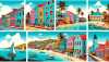 Illustrate a comic-style depiction of Anguilla. Show characteristic local houses with their bright colors and unique architecture, beautiful landscapes featuring tranquil beaches with turquoise water and the vibrant local fauna, and landmarks like historic colonial buildings.